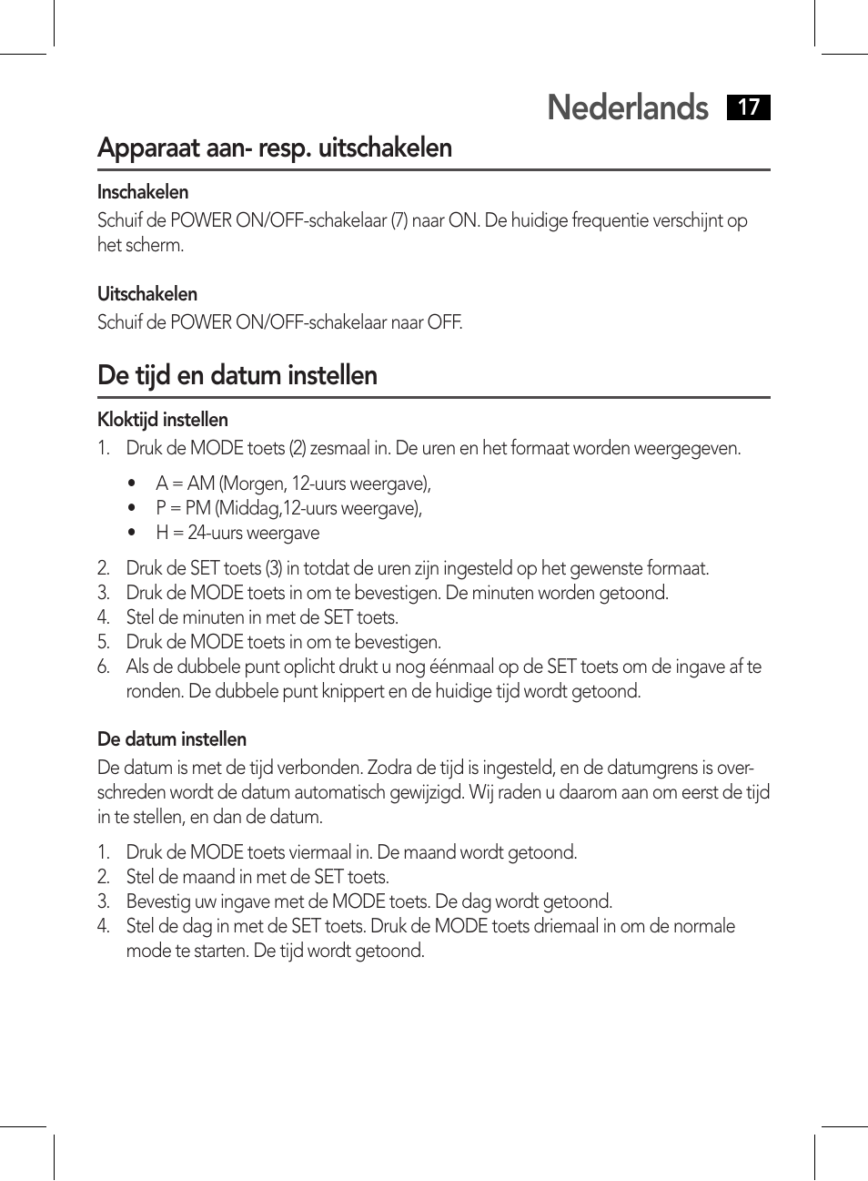 Nederlands, Apparaat aan- resp. uitschakelen, De tijd en datum instellen | AEG WE 4125 User Manual | Page 17 / 90