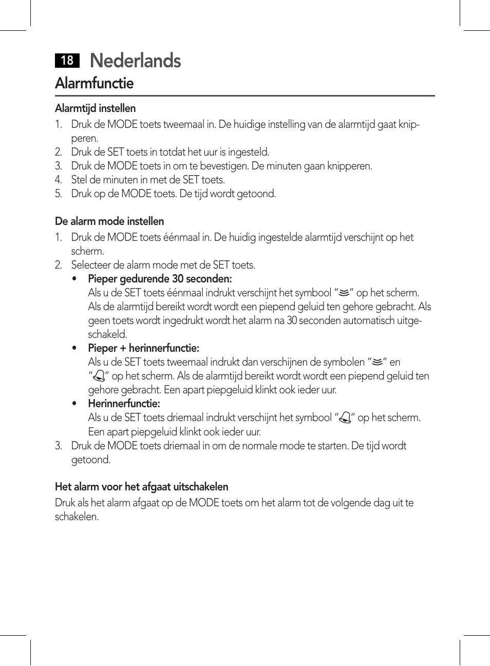 Nederlands, Alarmfunctie | AEG WE 4125 User Manual | Page 18 / 90