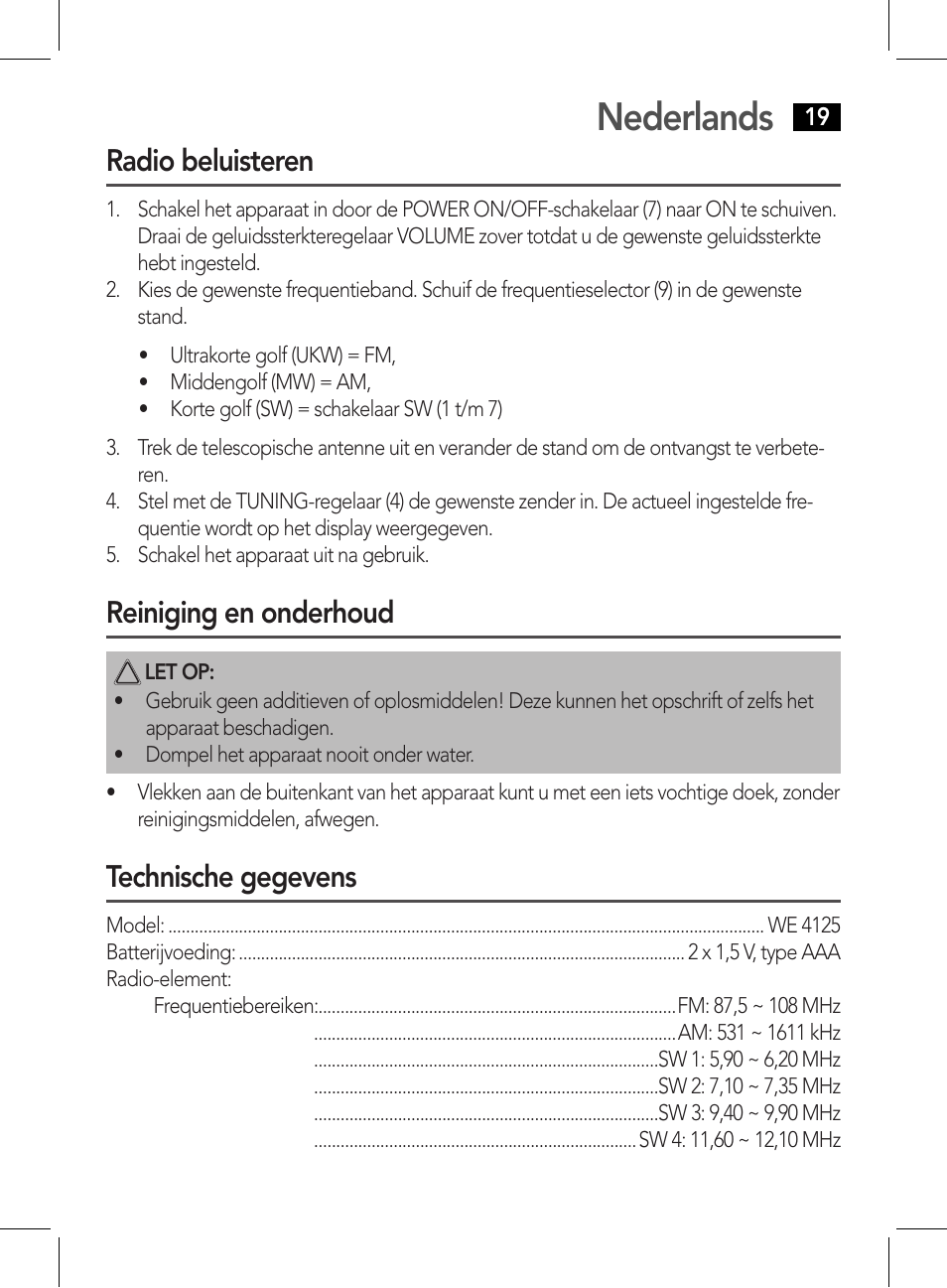 Nederlands, Radio beluisteren, Reiniging en onderhoud | Technische gegevens | AEG WE 4125 User Manual | Page 19 / 90