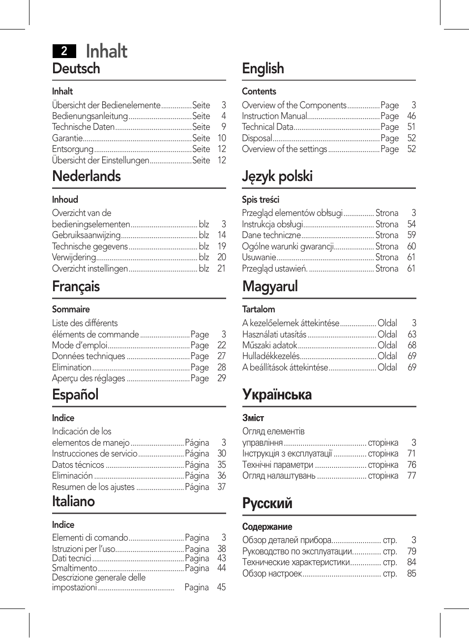 Inhalt, Deutsch, Nederlands | Français, Español, Italiano, Magyarul, English, Język polski, Українська | AEG WE 4125 User Manual | Page 2 / 90