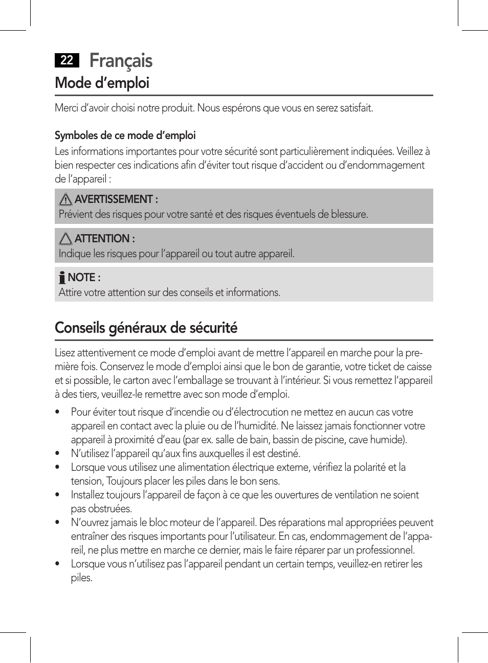 Français, Mode d’emploi, Conseils généraux de sécurité | AEG WE 4125 User Manual | Page 22 / 90