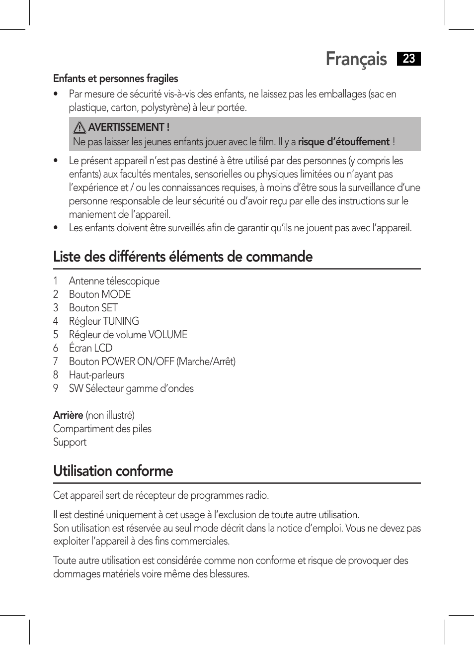 Français, Liste des différents éléments de commande, Utilisation conforme | AEG WE 4125 User Manual | Page 23 / 90