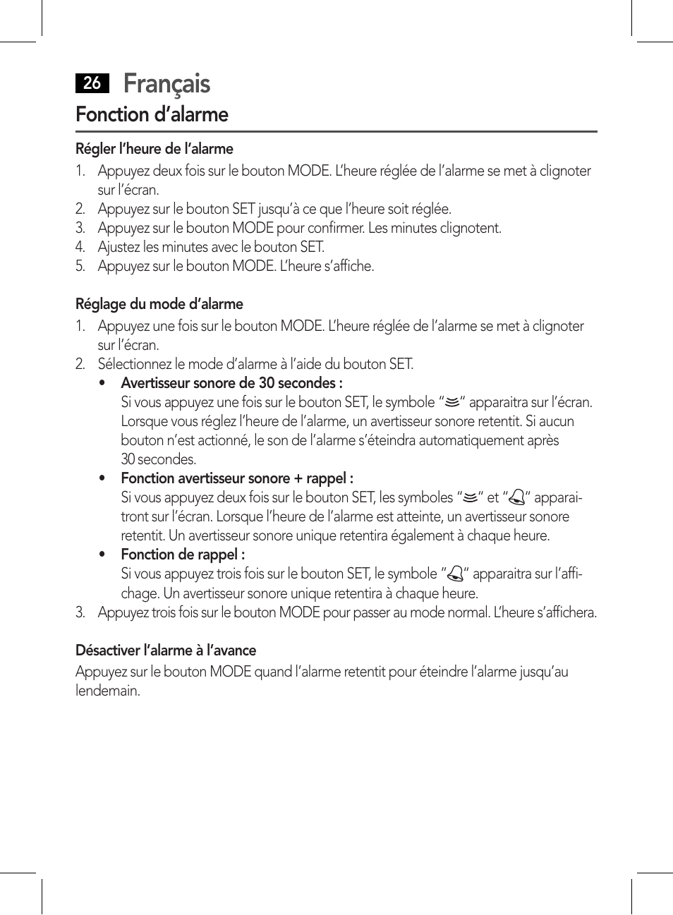 Français, Fonction d’alarme | AEG WE 4125 User Manual | Page 26 / 90