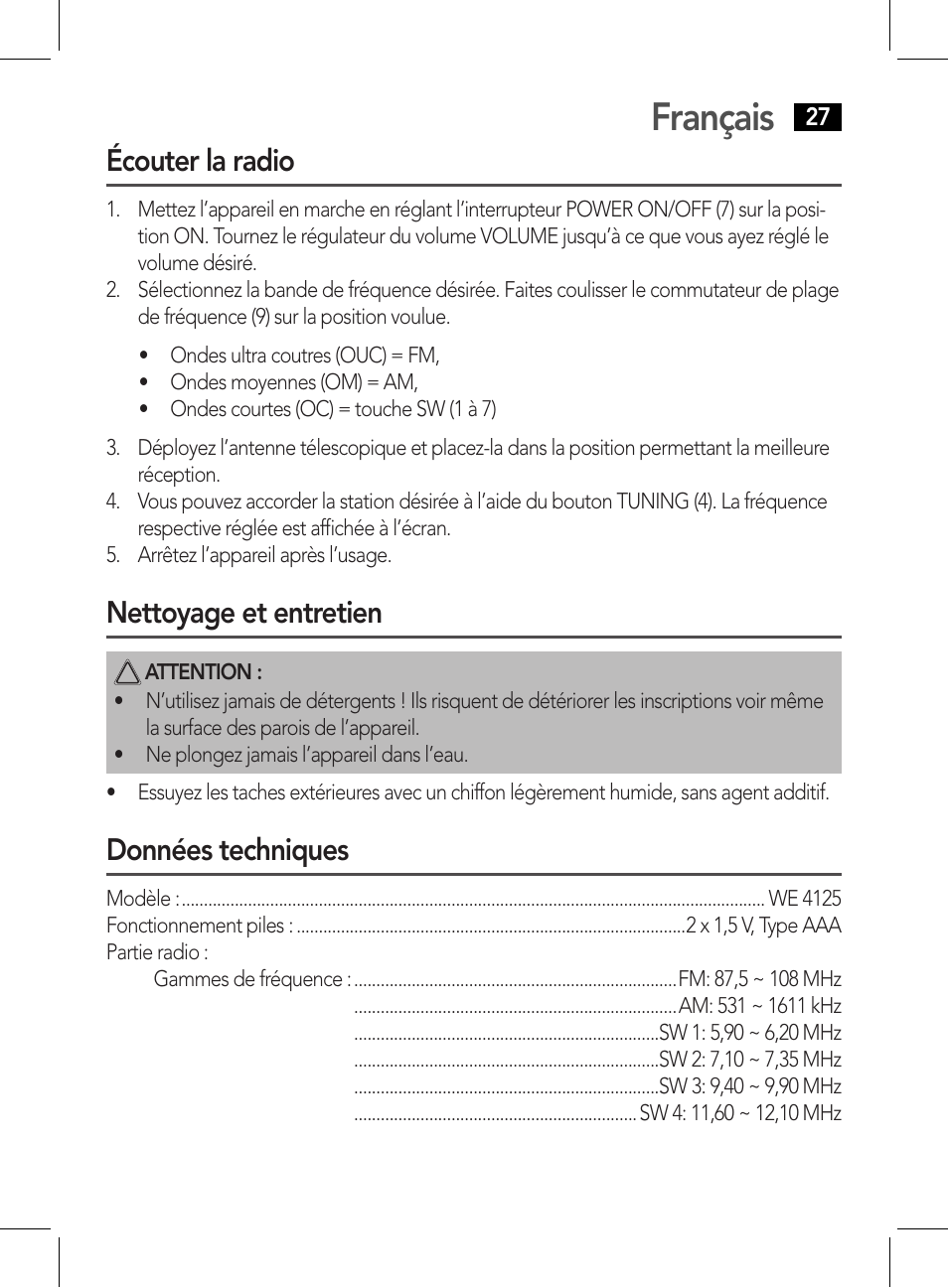Français, Écouter la radio, Nettoyage et entretien | Données techniques | AEG WE 4125 User Manual | Page 27 / 90