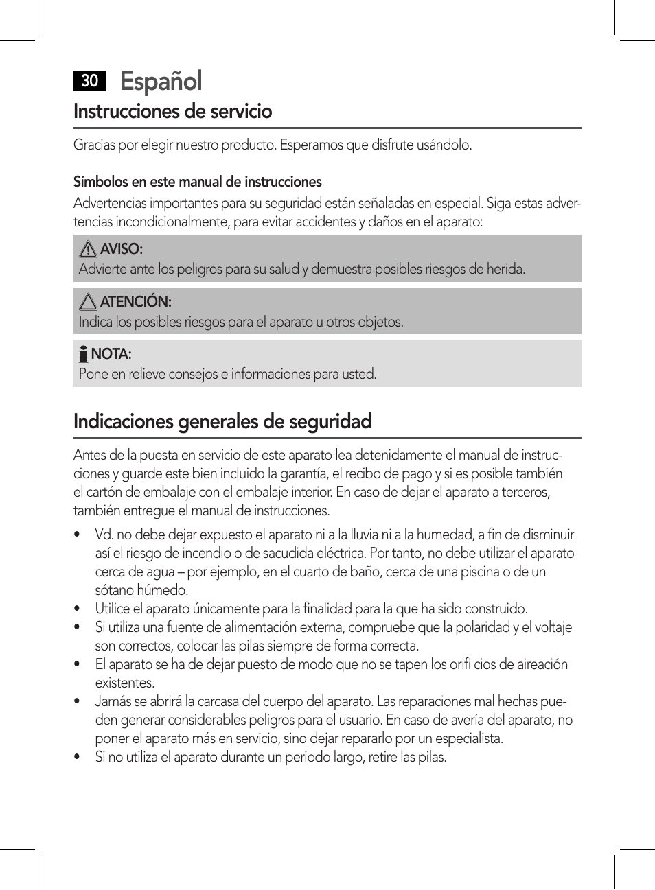 Español, Instrucciones de servicio, Indicaciones generales de seguridad | AEG WE 4125 User Manual | Page 30 / 90