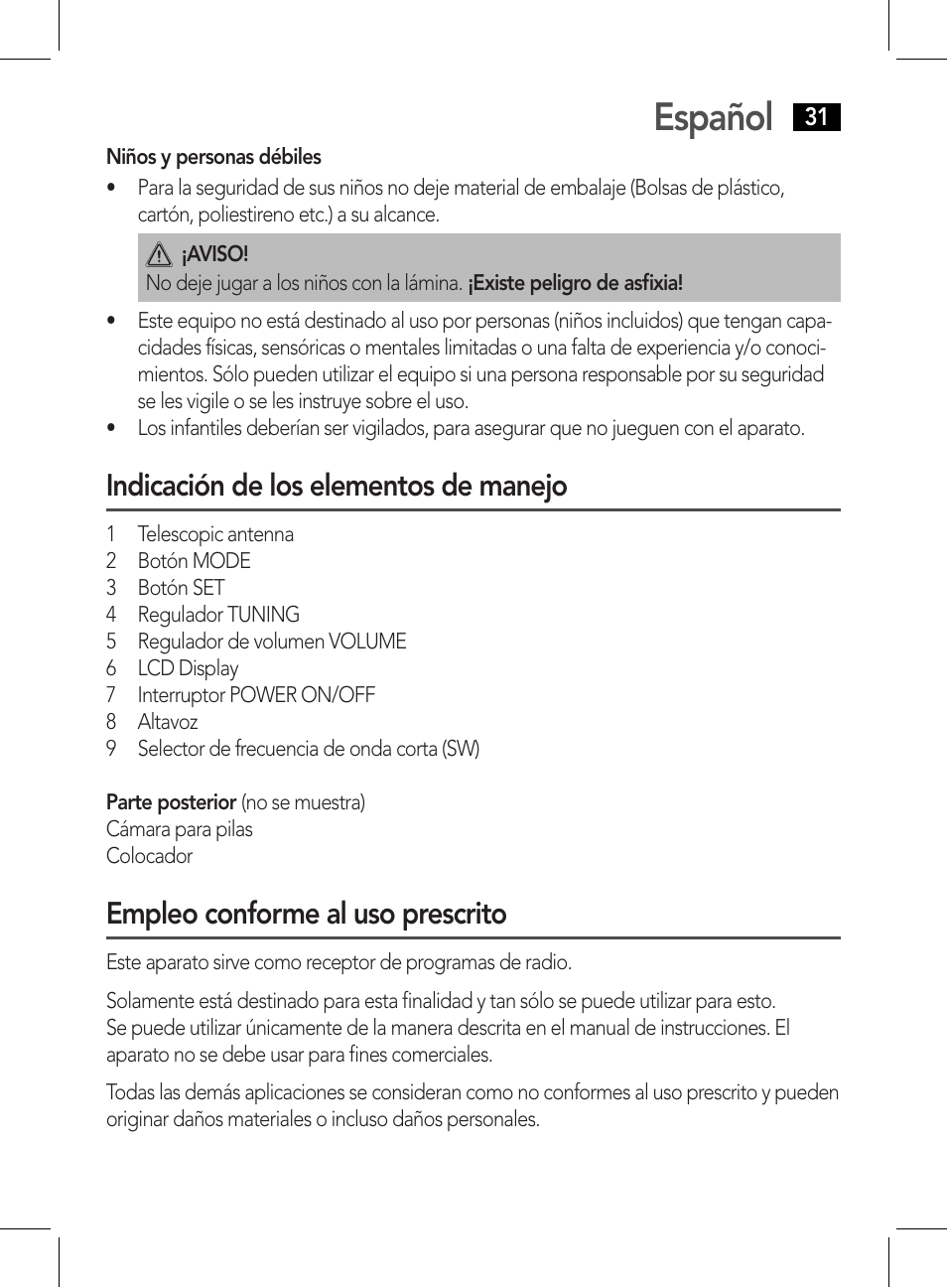 Español, Indicación de los elementos de manejo, Empleo conforme al uso prescrito | AEG WE 4125 User Manual | Page 31 / 90