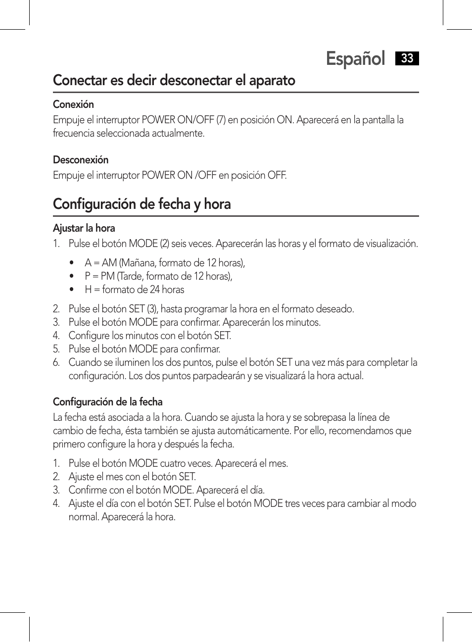 Español, Conectar es decir desconectar el aparato, Configuración de fecha y hora | AEG WE 4125 User Manual | Page 33 / 90