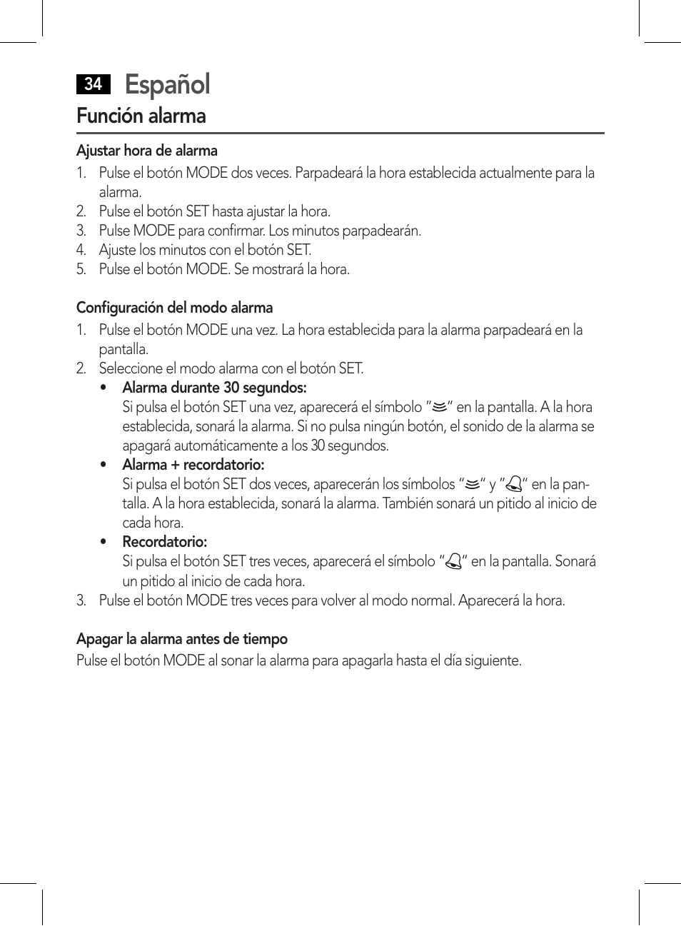 Español, Función alarma | AEG WE 4125 User Manual | Page 34 / 90
