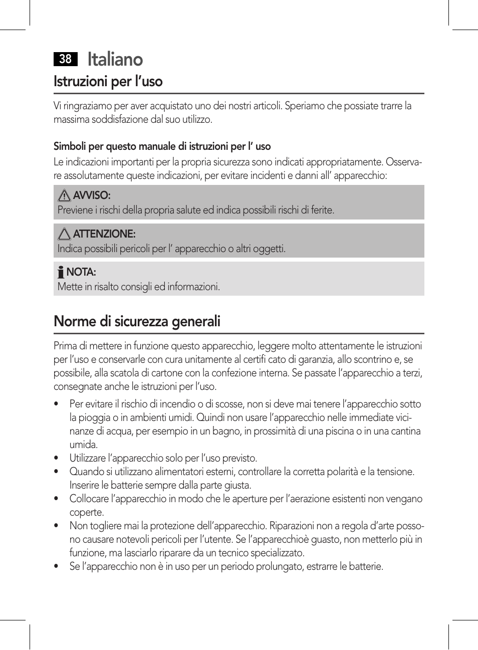 Italiano, Istruzioni per l’uso, Norme di sicurezza generali | AEG WE 4125 User Manual | Page 38 / 90