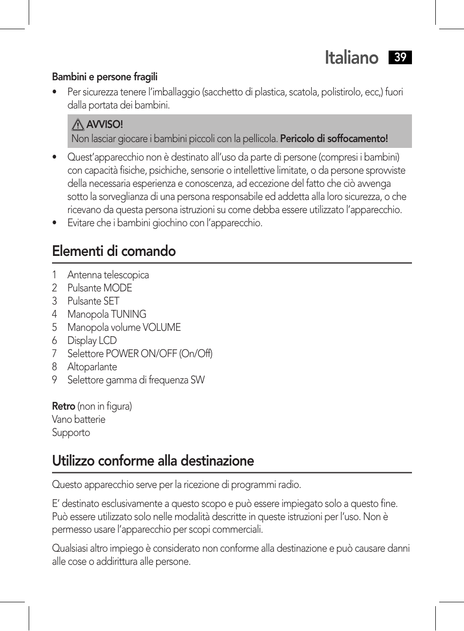 Italiano, Elementi di comando, Utilizzo conforme alla destinazione | AEG WE 4125 User Manual | Page 39 / 90