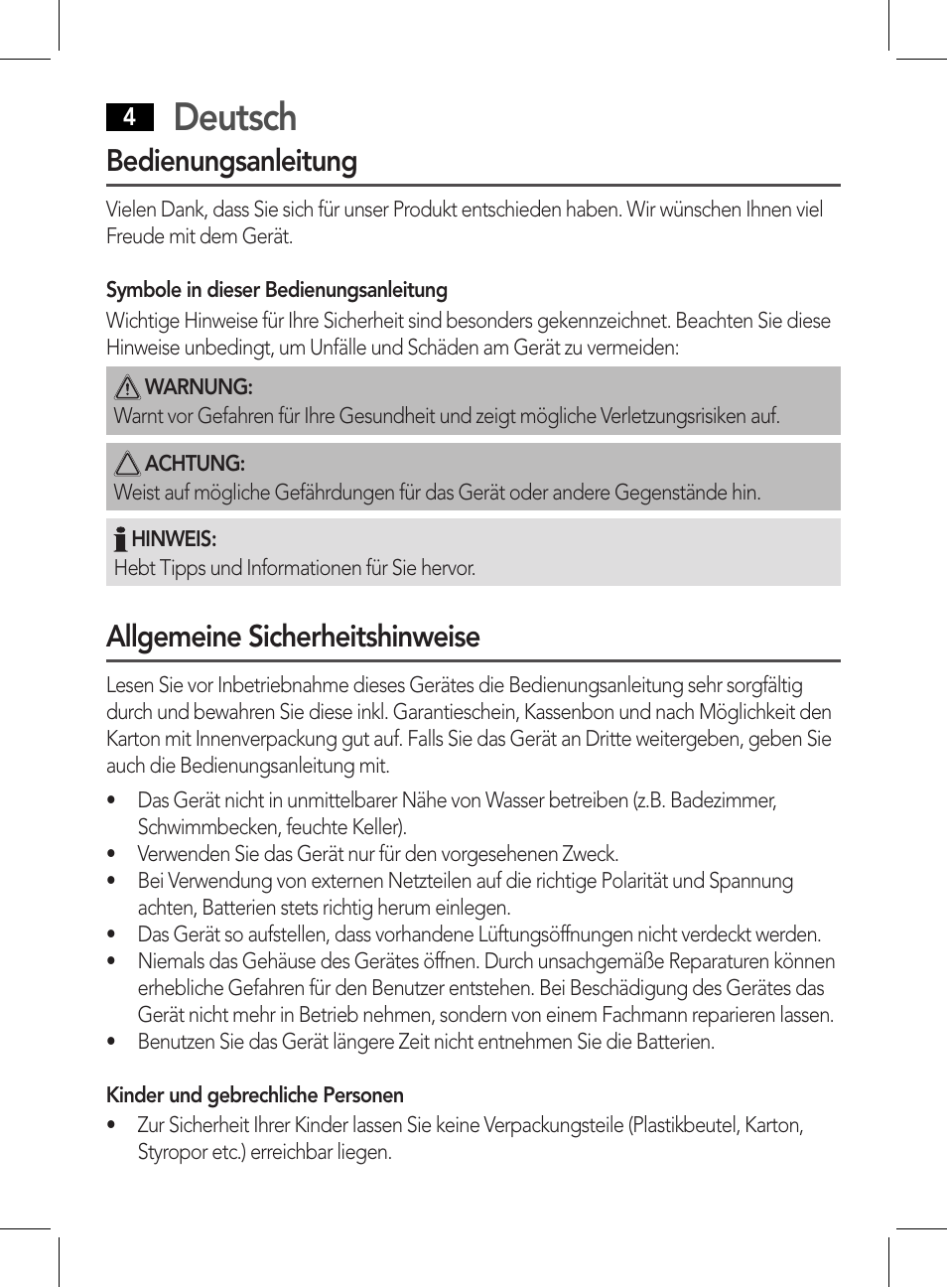 Deutsch, Bedienungsanleitung, Allgemeine sicherheitshinweise | AEG WE 4125 User Manual | Page 4 / 90
