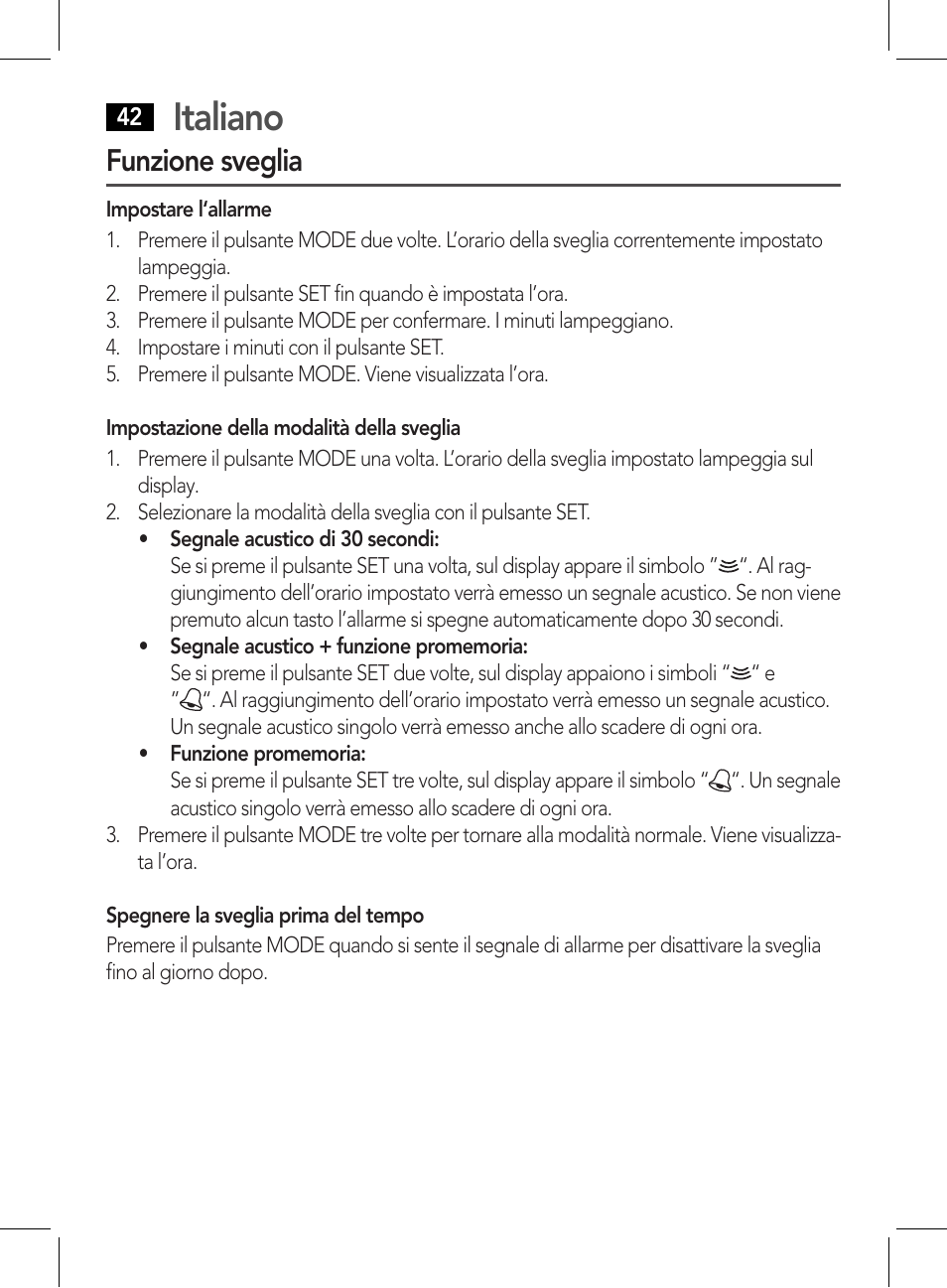 Italiano, Funzione sveglia | AEG WE 4125 User Manual | Page 42 / 90