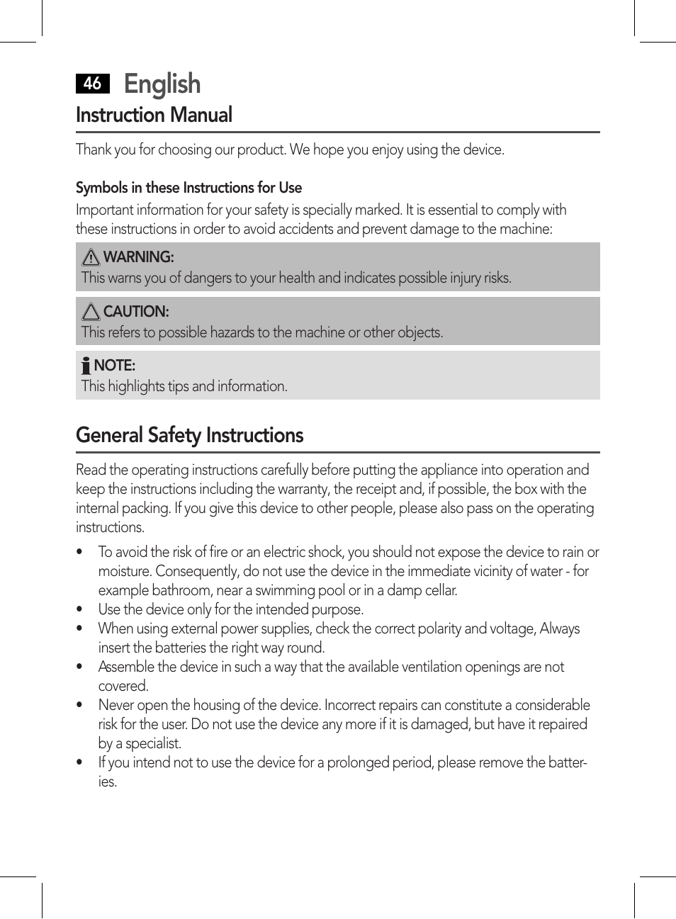 English, Instruction manual, General safety instructions | AEG WE 4125 User Manual | Page 46 / 90