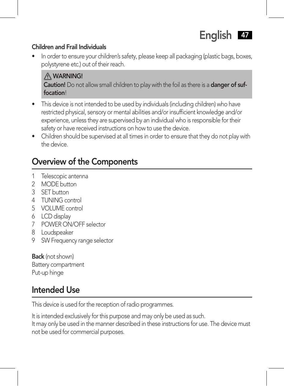 English, Overview of the components, Intended use | AEG WE 4125 User Manual | Page 47 / 90