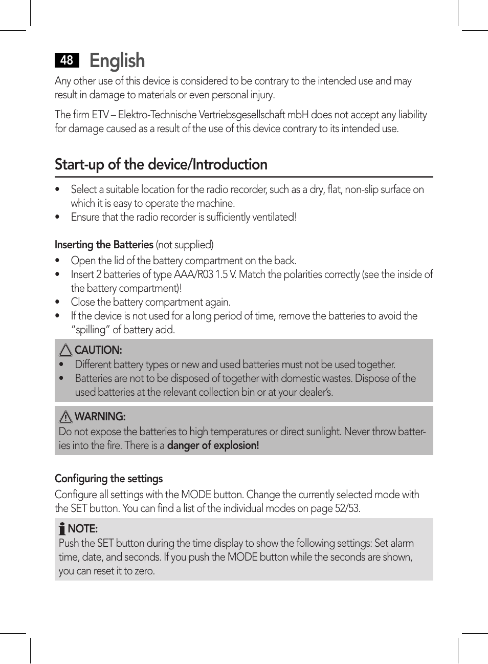 English, Start-up of the device/introduction | AEG WE 4125 User Manual | Page 48 / 90
