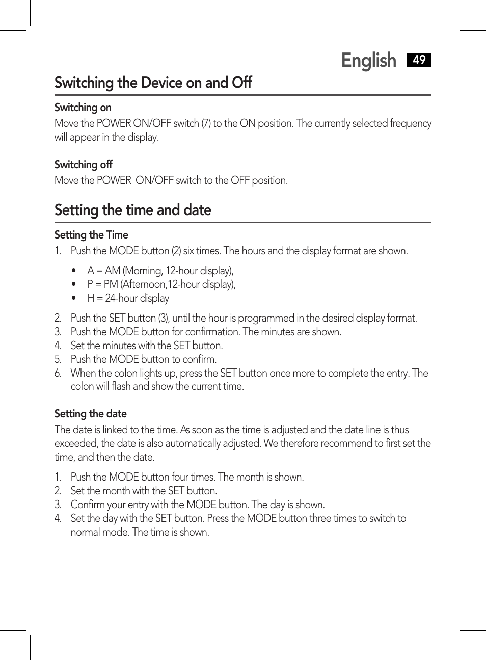 English, Switching the device on and off, Setting the time and date | AEG WE 4125 User Manual | Page 49 / 90