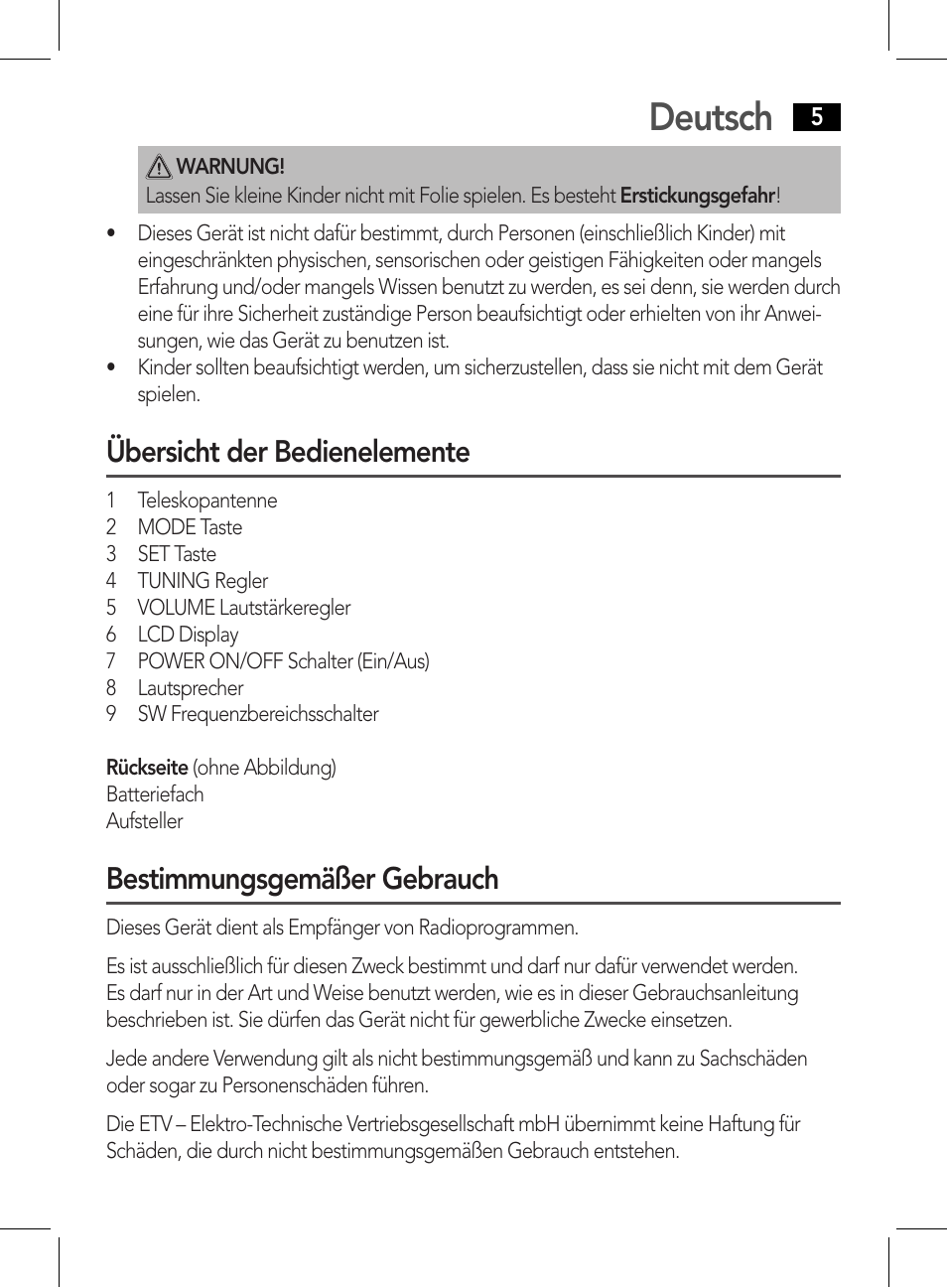 Deutsch, Übersicht der bedienelemente, Bestimmungsgemäßer gebrauch | AEG WE 4125 User Manual | Page 5 / 90