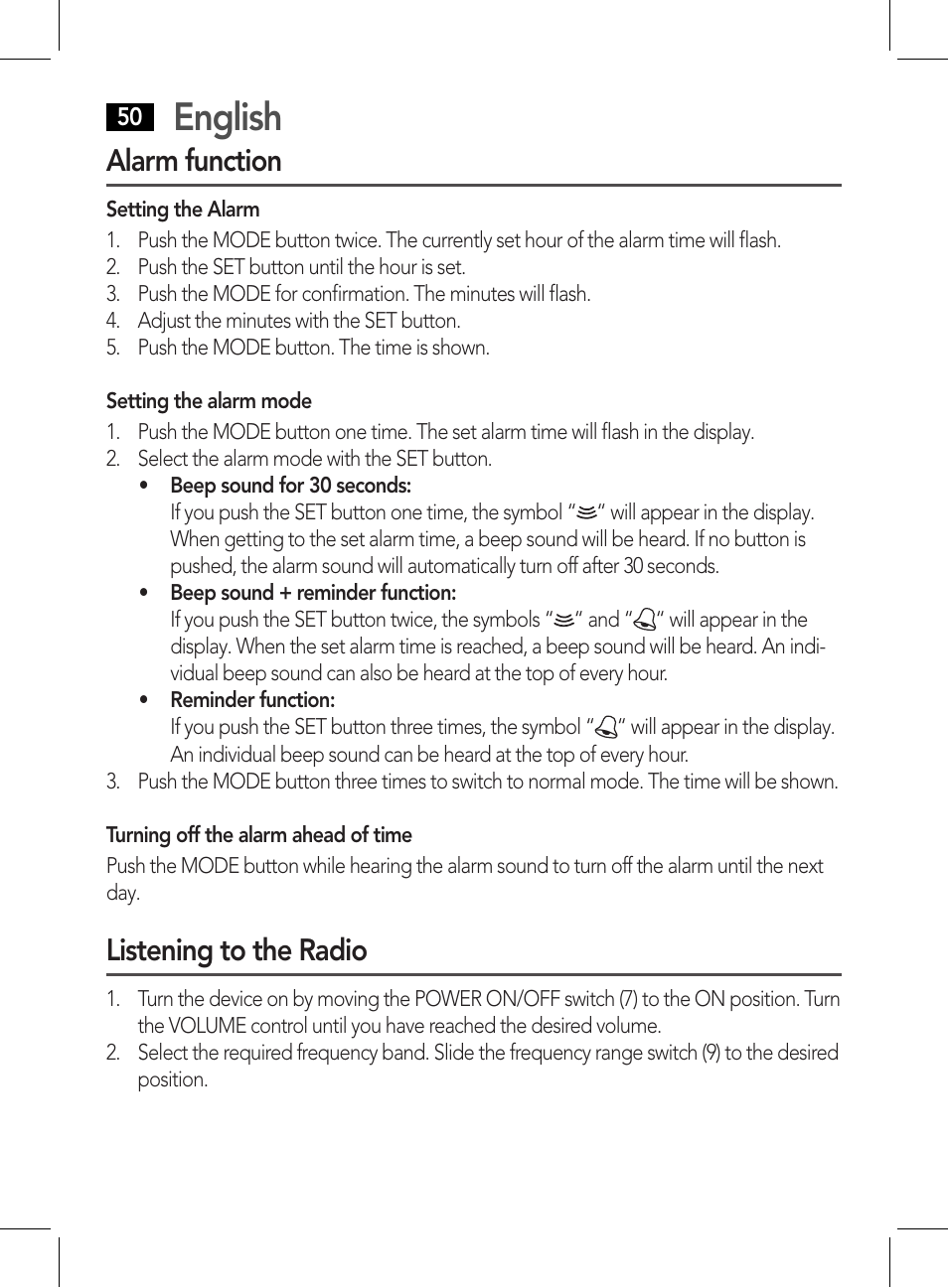 English, Alarm function, Listening to the radio | AEG WE 4125 User Manual | Page 50 / 90