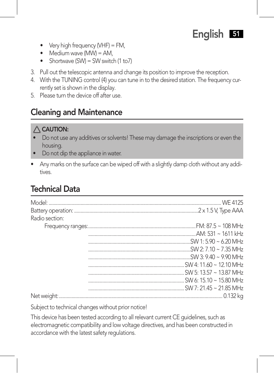 English, Cleaning and maintenance, Technical data | AEG WE 4125 User Manual | Page 51 / 90