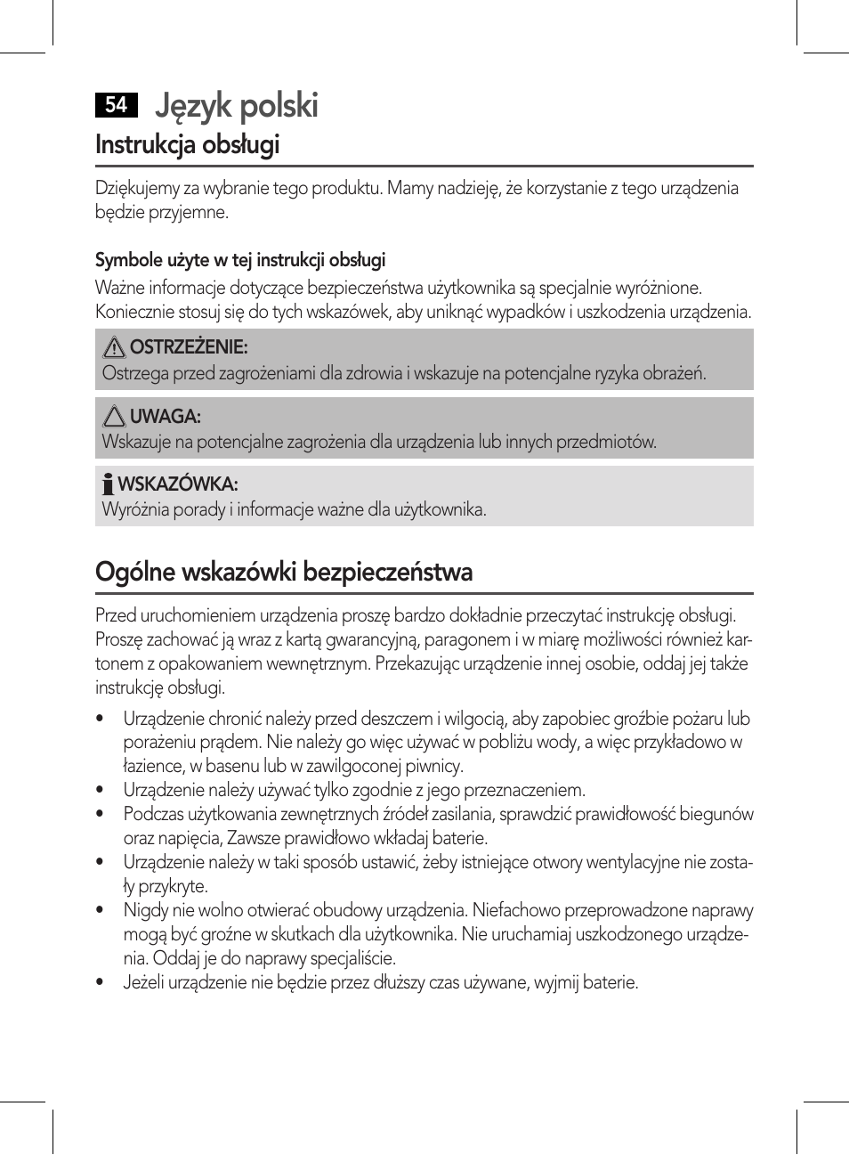 Język polski, Instrukcja obsługi, Ogólne wskazówki bezpieczeństwa | AEG WE 4125 User Manual | Page 54 / 90
