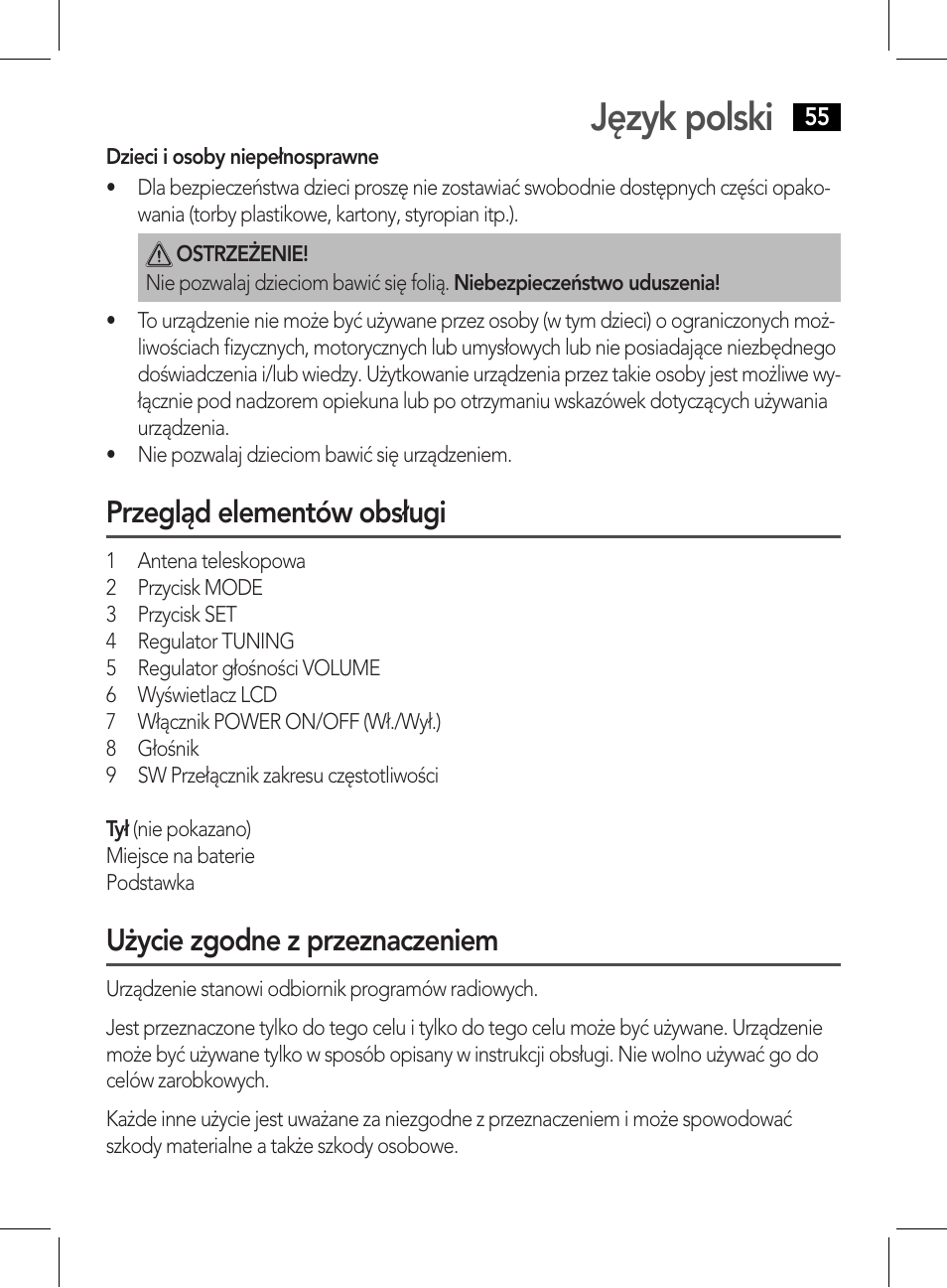 Język polski, Przegląd elementów obsługi, Użycie zgodne z przeznaczeniem | AEG WE 4125 User Manual | Page 55 / 90
