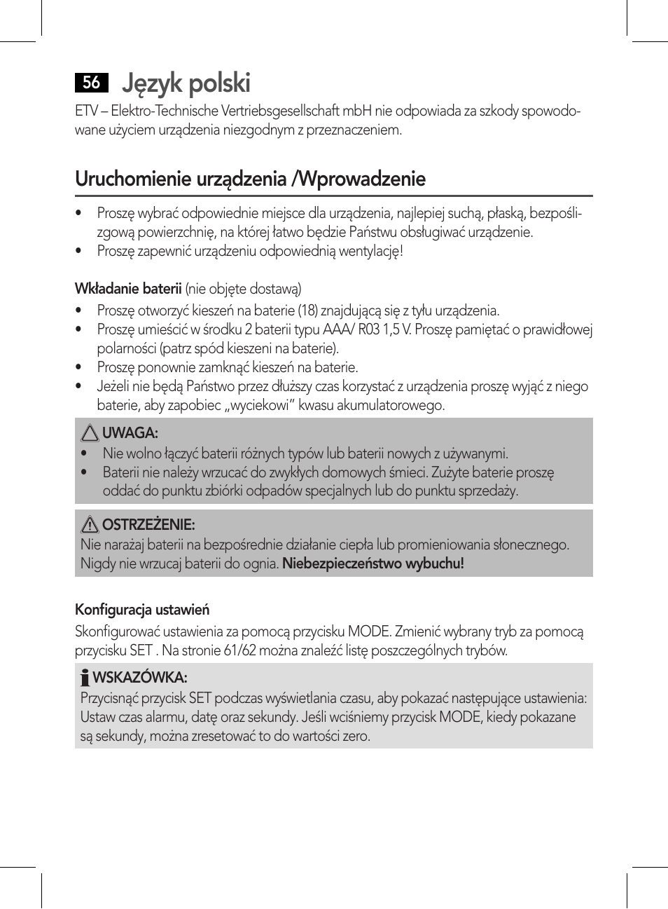 Język polski, Uruchomienie urządzenia /wprowadzenie | AEG WE 4125 User Manual | Page 56 / 90