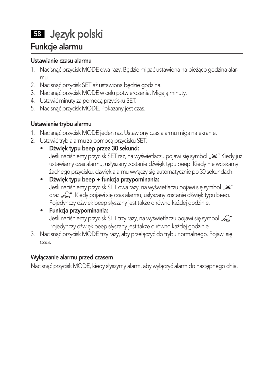 Język polski, Funkcje alarmu | AEG WE 4125 User Manual | Page 58 / 90