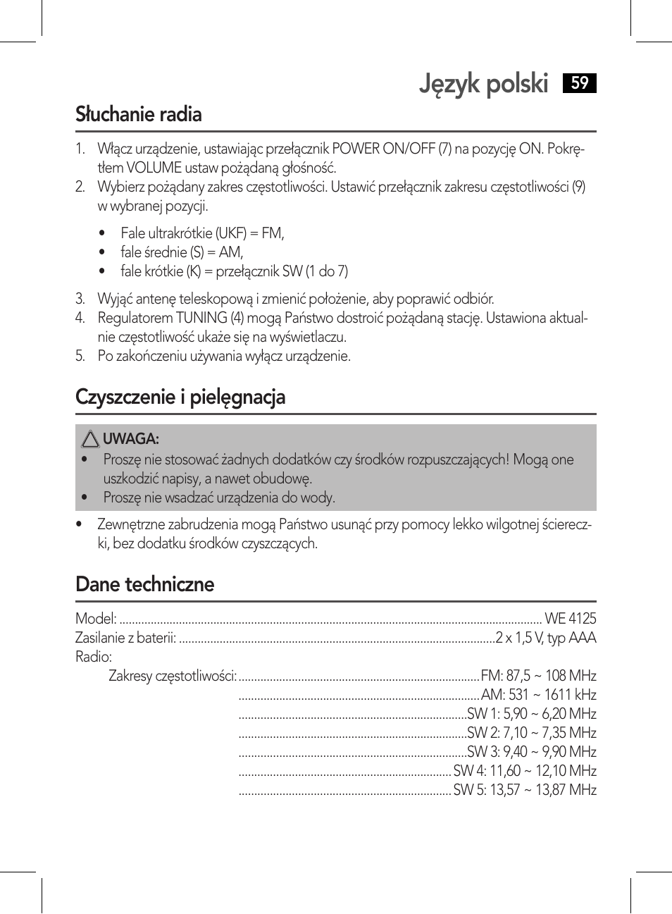 Język polski, Słuchanie radia, Czyszczenie i pielęgnacja | Dane techniczne | AEG WE 4125 User Manual | Page 59 / 90