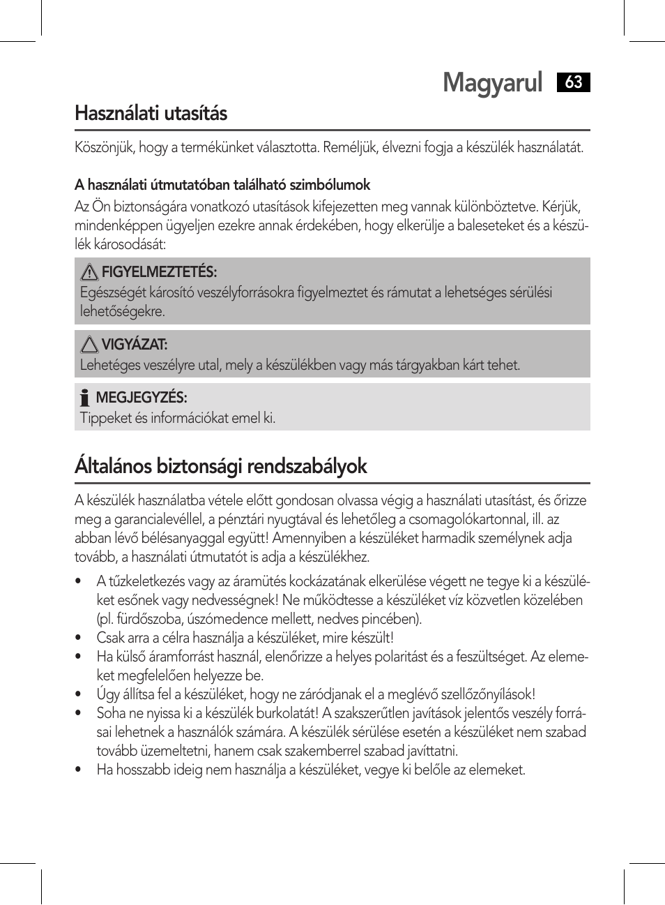 Magyarul, Használati utasítás, Általános biztonsági rendszabályok | AEG WE 4125 User Manual | Page 63 / 90