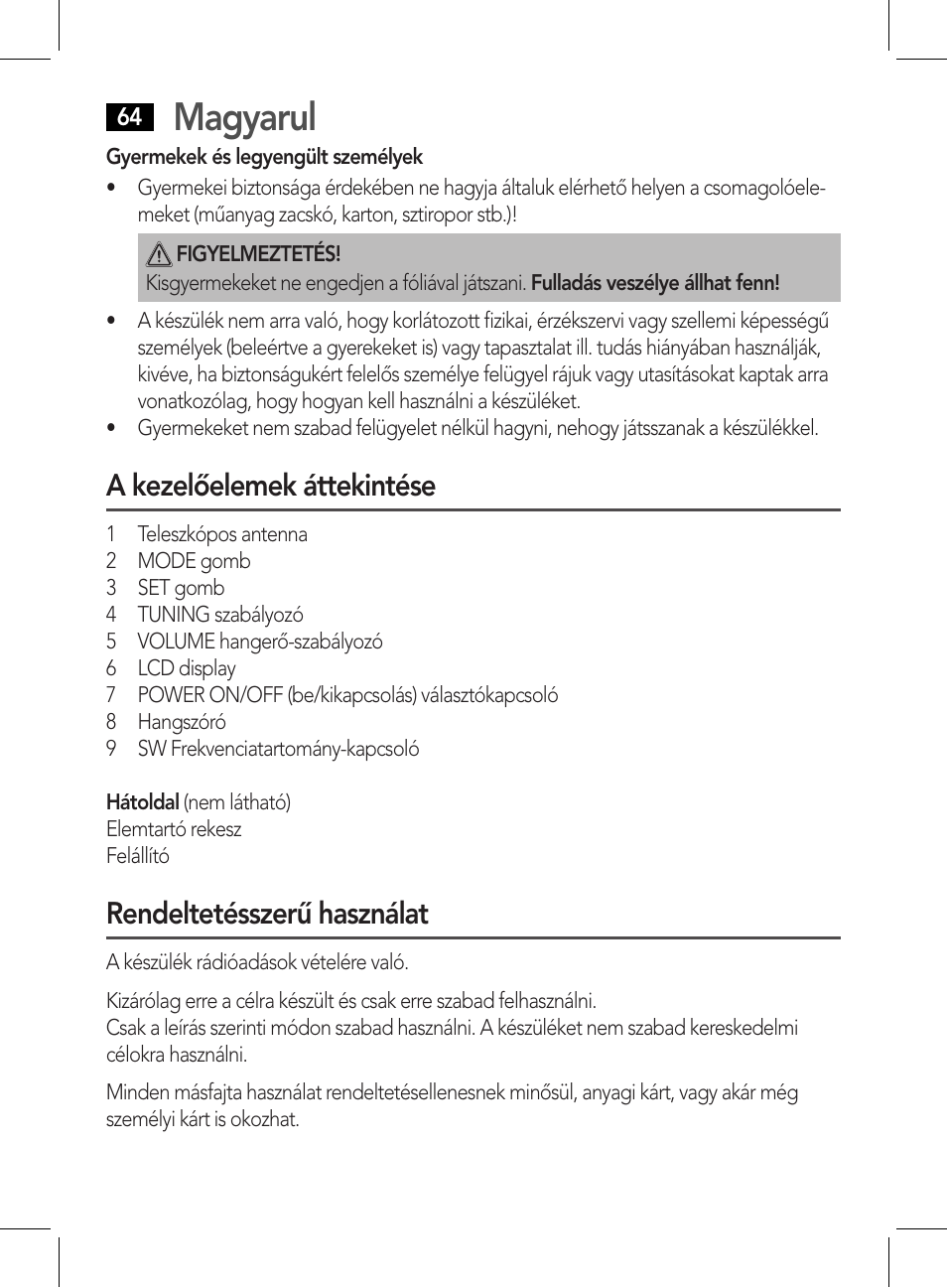 Magyarul, A kezelőelemek áttekintése, Rendeltetésszerű használat | AEG WE 4125 User Manual | Page 64 / 90