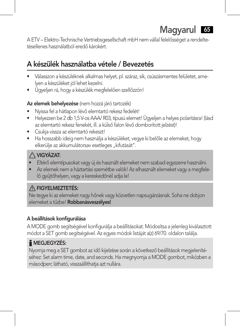 Magyarul, A készülék használatba vétele / bevezetés | AEG WE 4125 User Manual | Page 65 / 90
