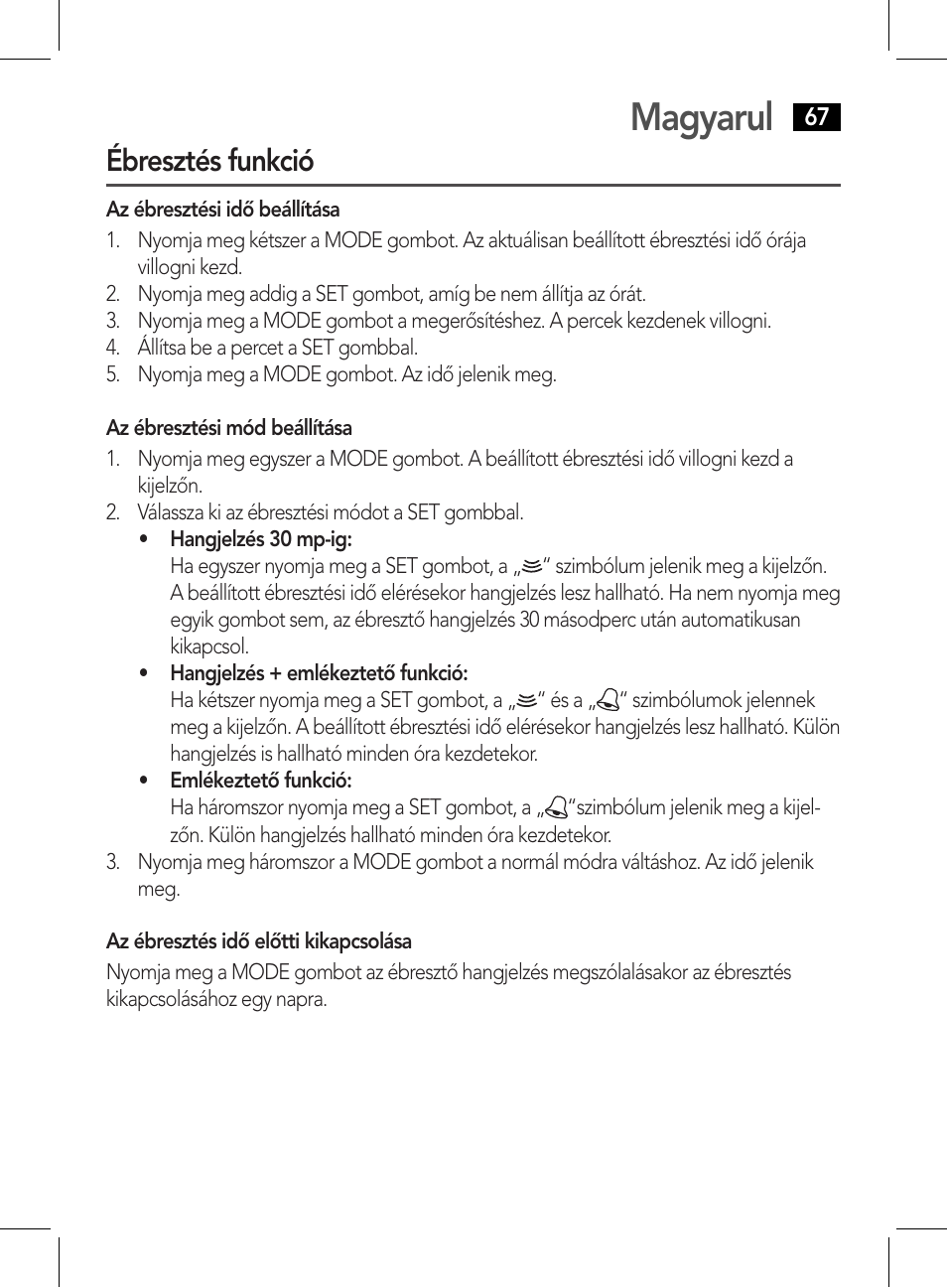 Magyarul, Ébresztés funkció | AEG WE 4125 User Manual | Page 67 / 90