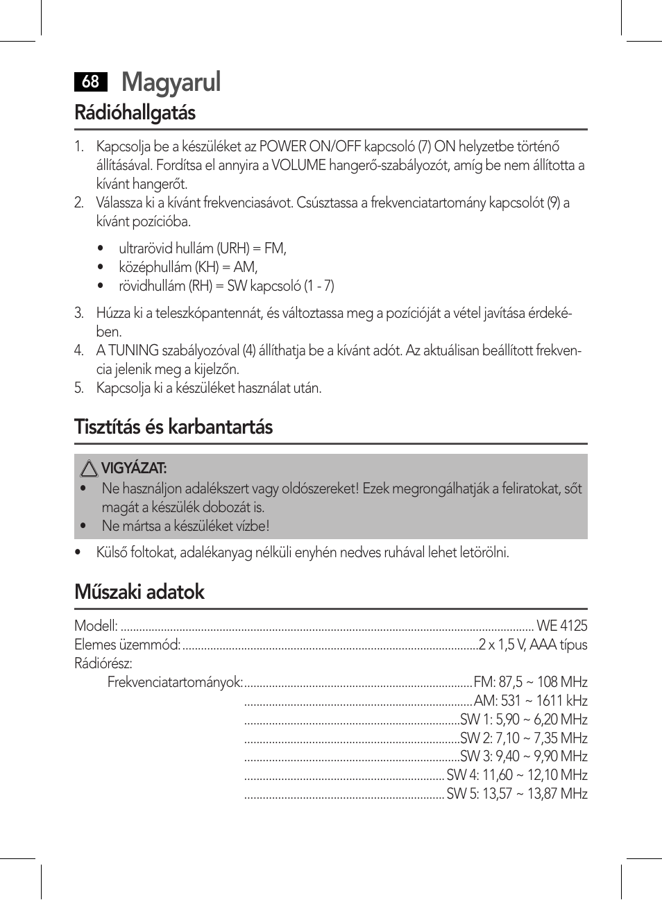 Magyarul, Rádióhallgatás, Tisztítás és karbantartás | Műszaki adatok | AEG WE 4125 User Manual | Page 68 / 90