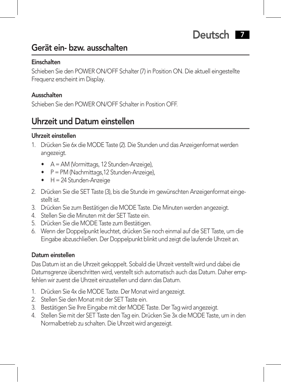 Deutsch, Gerät ein- bzw. ausschalten, Uhrzeit und datum einstellen | AEG WE 4125 User Manual | Page 7 / 90