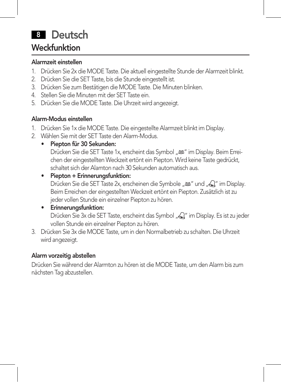 Deutsch, Weckfunktion | AEG WE 4125 User Manual | Page 8 / 90