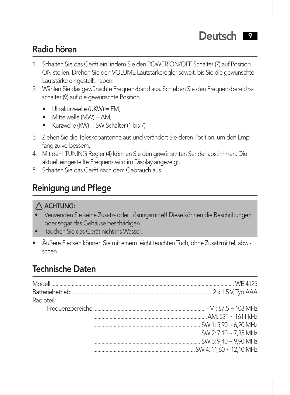 Deutsch, Radio hören, Reinigung und pflege | Technische daten | AEG WE 4125 User Manual | Page 9 / 90