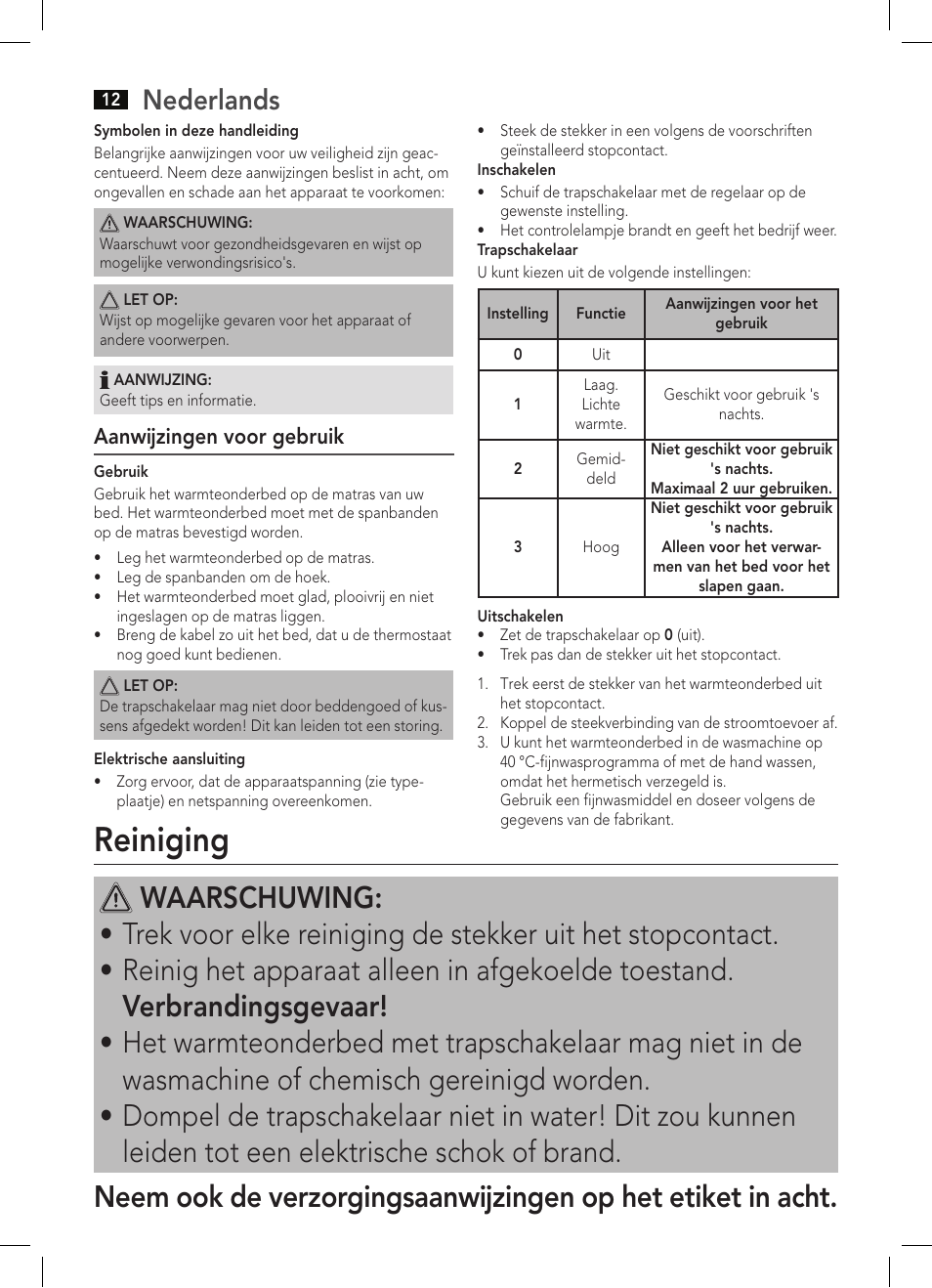 Reiniging, Nederlands, Aanwijzingen voor gebruik | AEG WUB 5647 User Manual | Page 12 / 62