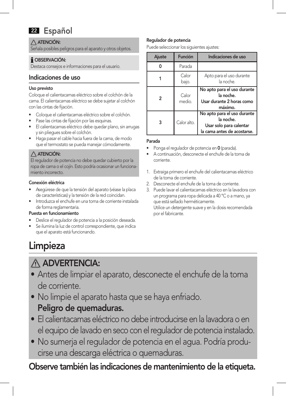 Limpieza, Español | AEG WUB 5647 User Manual | Page 22 / 62