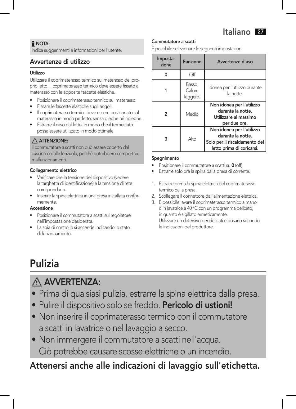 Pulizia, Italiano, Avvertenze di utilizzo | AEG WUB 5647 User Manual | Page 27 / 62