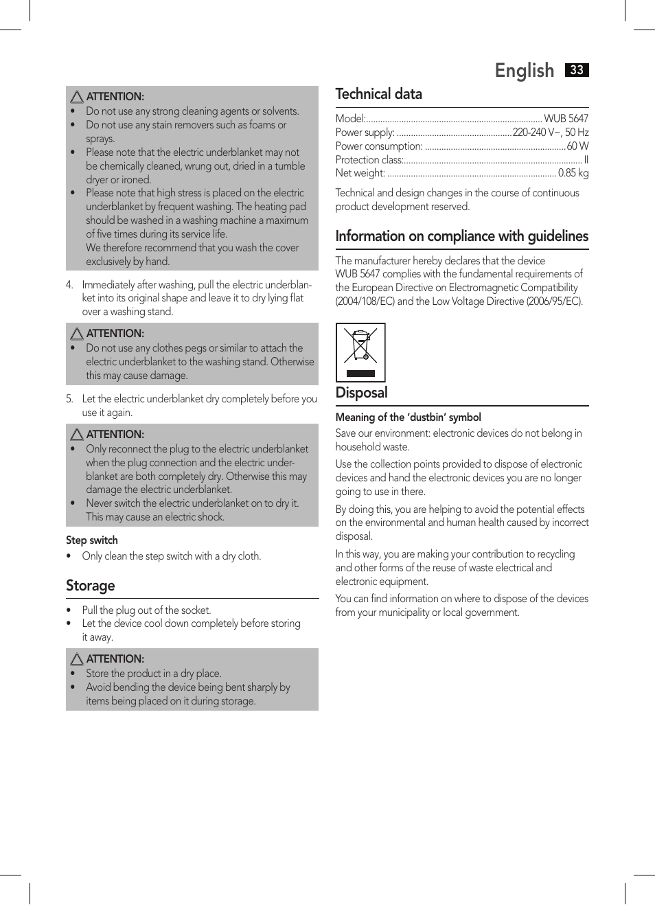 English, Storage, Technical data | Information on compliance with guidelines, Disposal | AEG WUB 5647 User Manual | Page 33 / 62