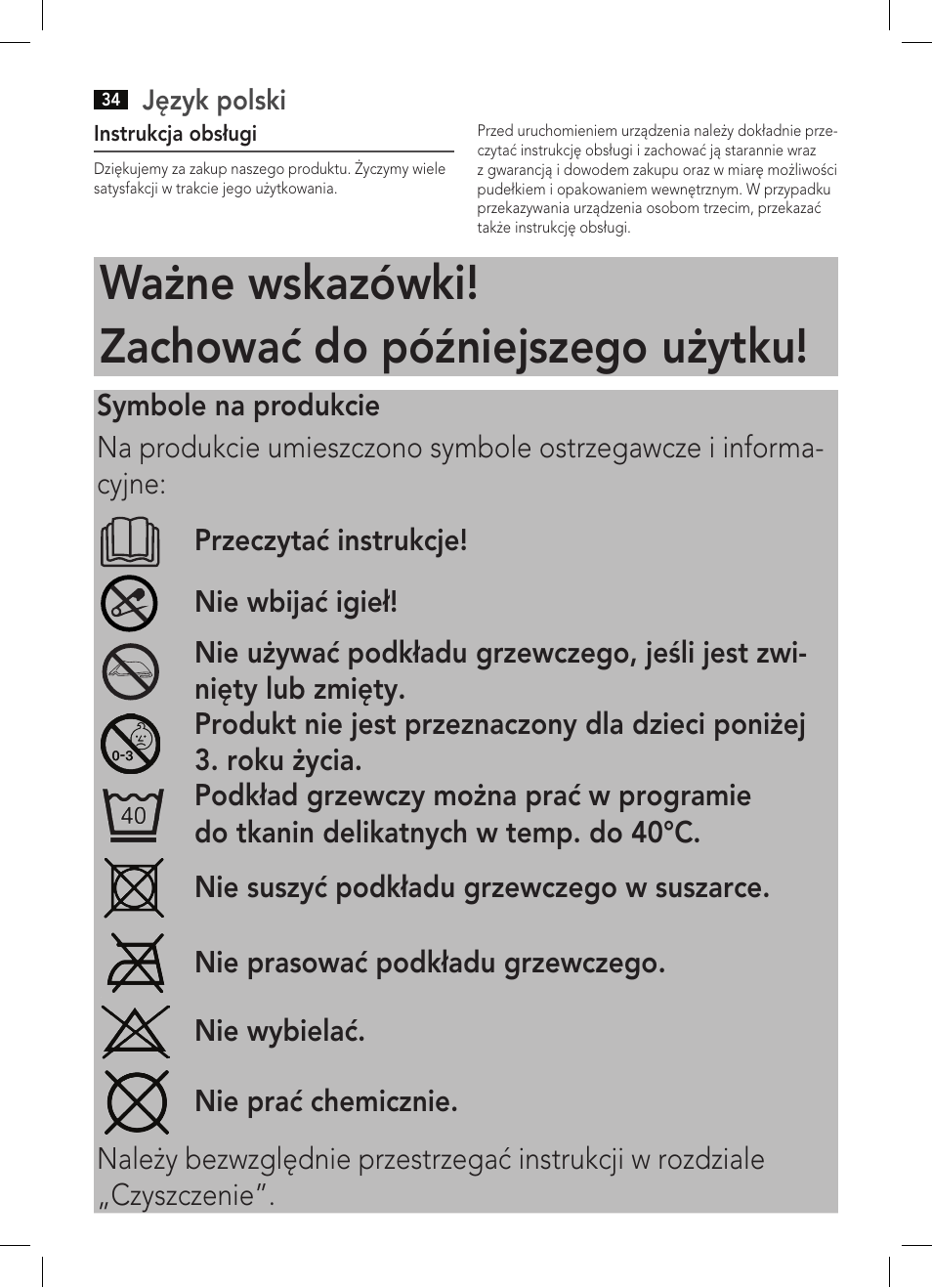 Ważne wskazówki! zachować do późniejszego użytku | AEG WUB 5647 User Manual | Page 34 / 62