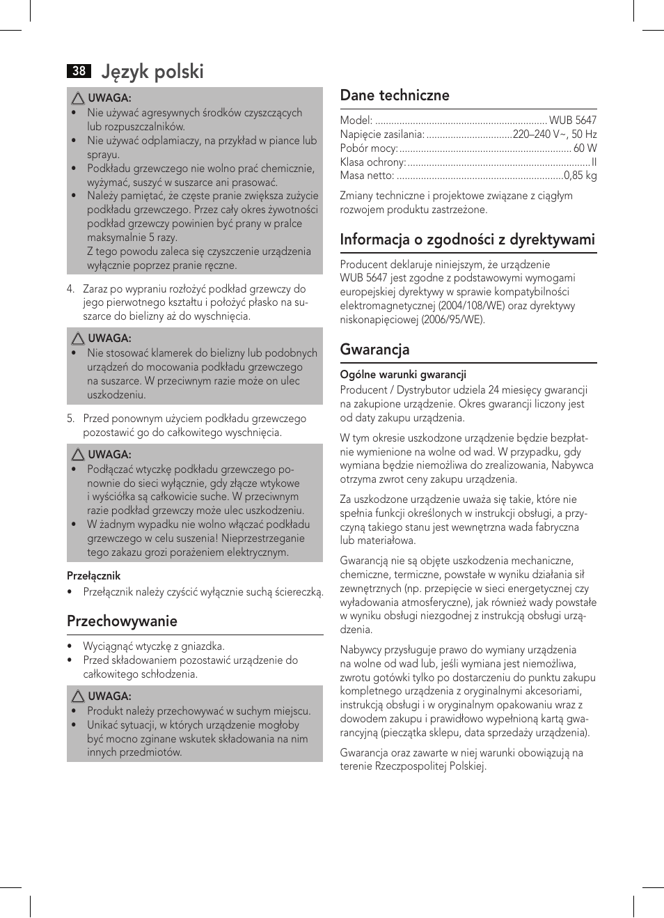 Język polski, Przechowywanie, Dane techniczne | Informacja o zgodności z dyrektywami, Gwarancja | AEG WUB 5647 User Manual | Page 38 / 62