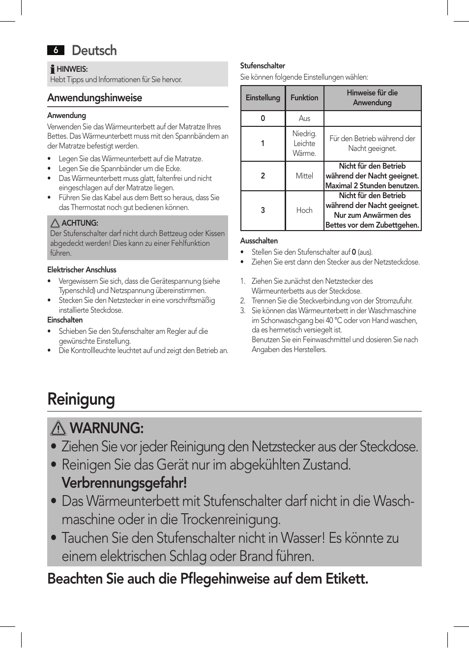 Reinigung, Deutsch, Anwendungshinweise | AEG WUB 5647 User Manual | Page 6 / 62