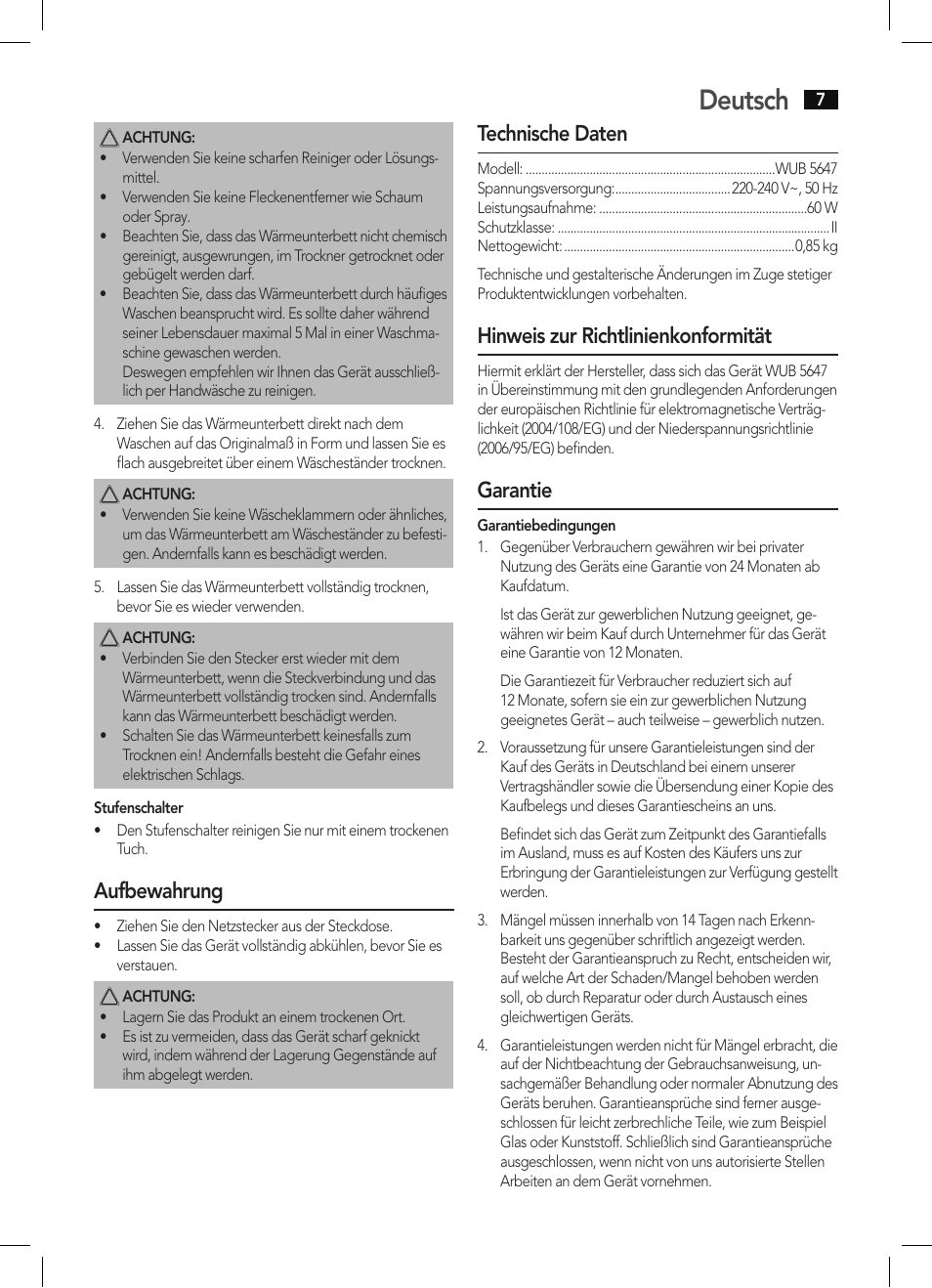 Deutsch, Aufbewahrung, Technische daten | Hinweis zur richtlinienkonformität, Garantie | AEG WUB 5647 User Manual | Page 7 / 62