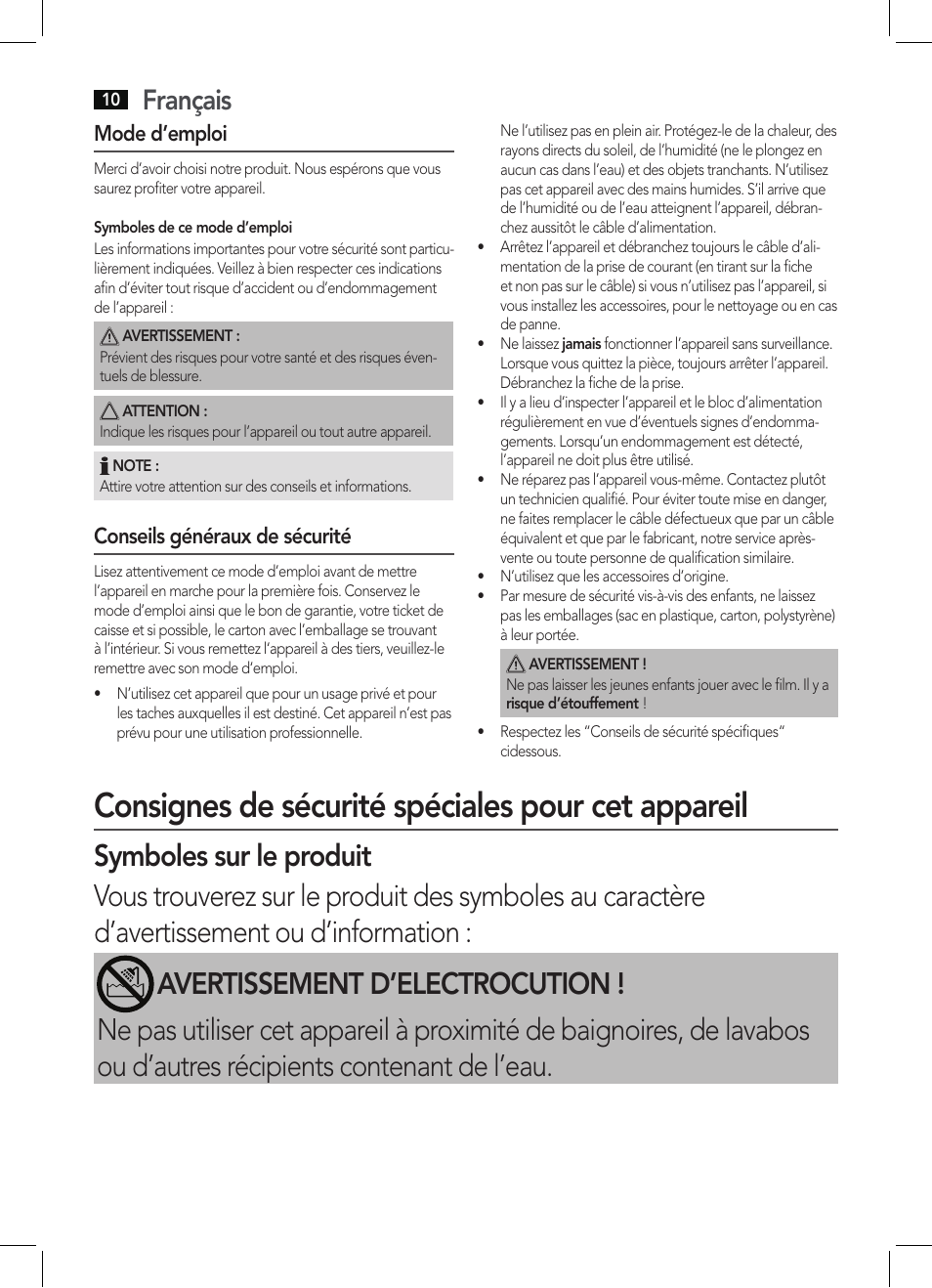 Consignes de sécurité spéciales pour cet appareil, Français, Mode d’emploi | Conseils généraux de sécurité | AEG HTD 5616 User Manual | Page 10 / 40