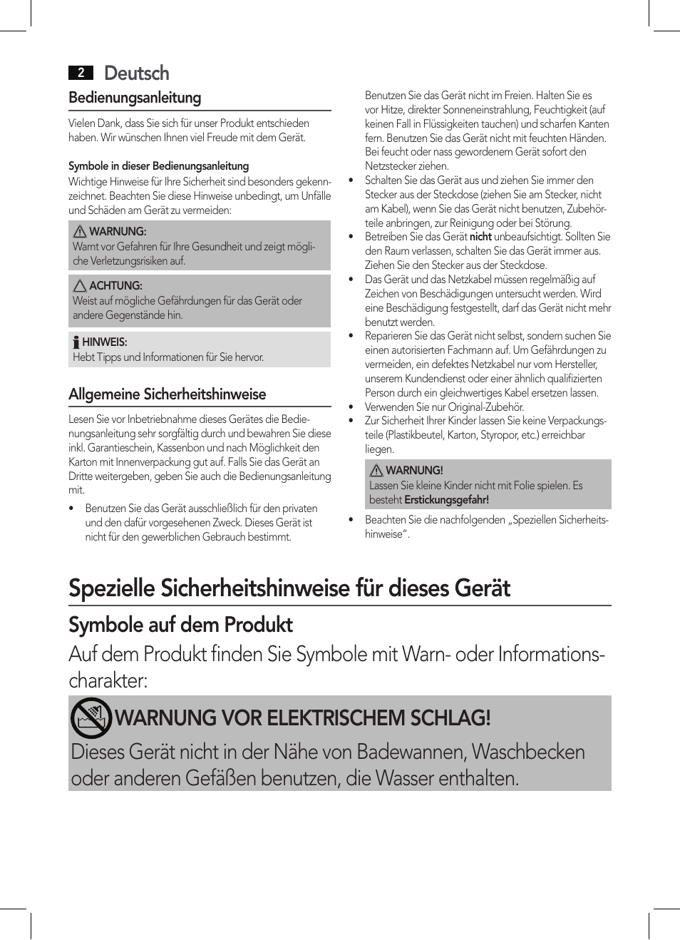 Spezielle sicherheitshinweise für dieses gerät, Deutsch, Bedienungsanleitung | Allgemeine sicherheitshinweise | AEG HTD 5616 User Manual | Page 2 / 40
