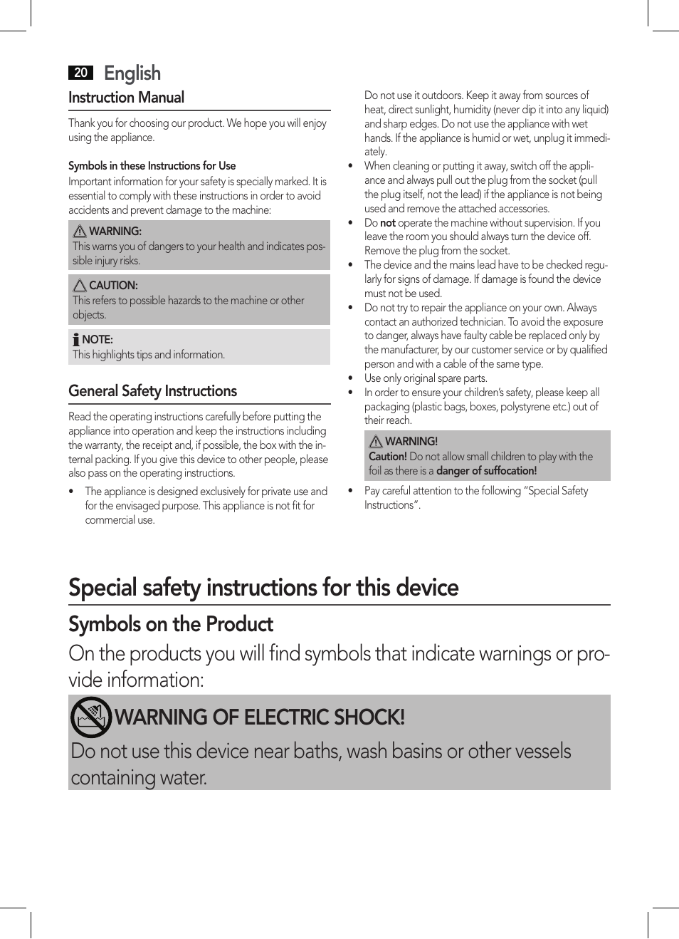 Special safety instructions for this device, English, Instruction manual | General safety instructions | AEG HTD 5616 User Manual | Page 20 / 40