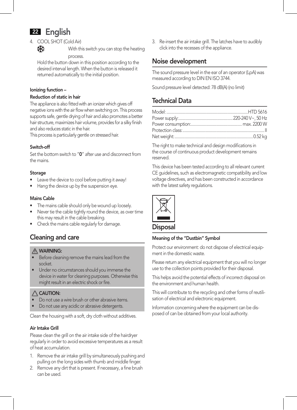 English, Cleaning and care, Noise development | Technical data, Disposal | AEG HTD 5616 User Manual | Page 22 / 40