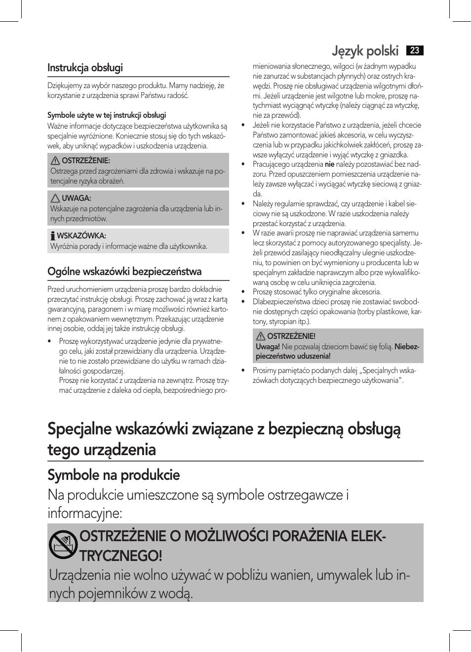 Język polski, Instrukcja obsługi, Ogólne wskazówki bezpieczeństwa | AEG HTD 5616 User Manual | Page 23 / 40