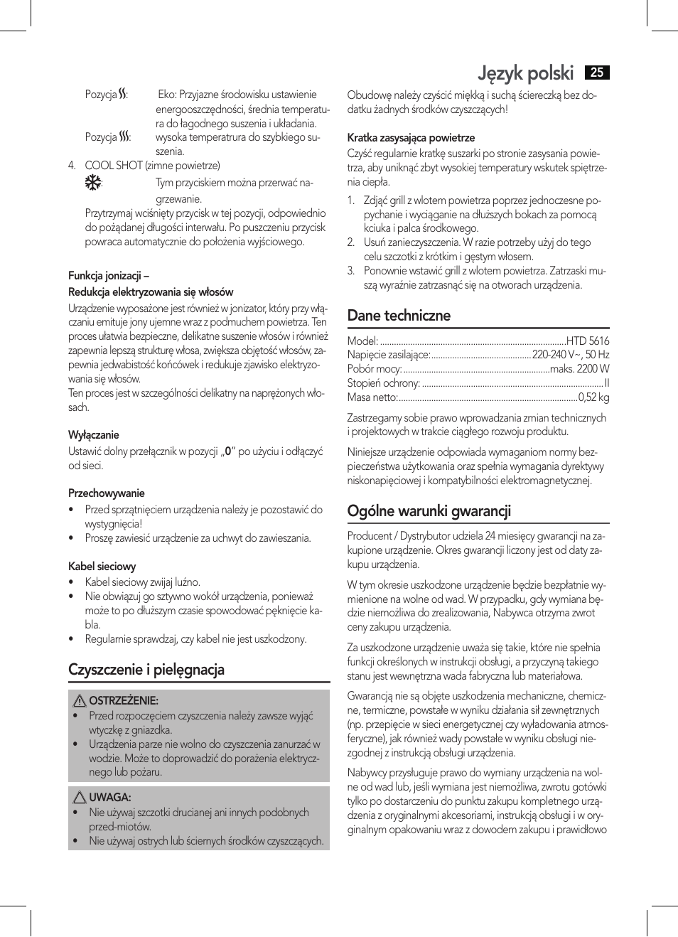 Język polski, Czyszczenie i pielęgnacja, Dane techniczne | Ogólne warunki gwarancji | AEG HTD 5616 User Manual | Page 25 / 40